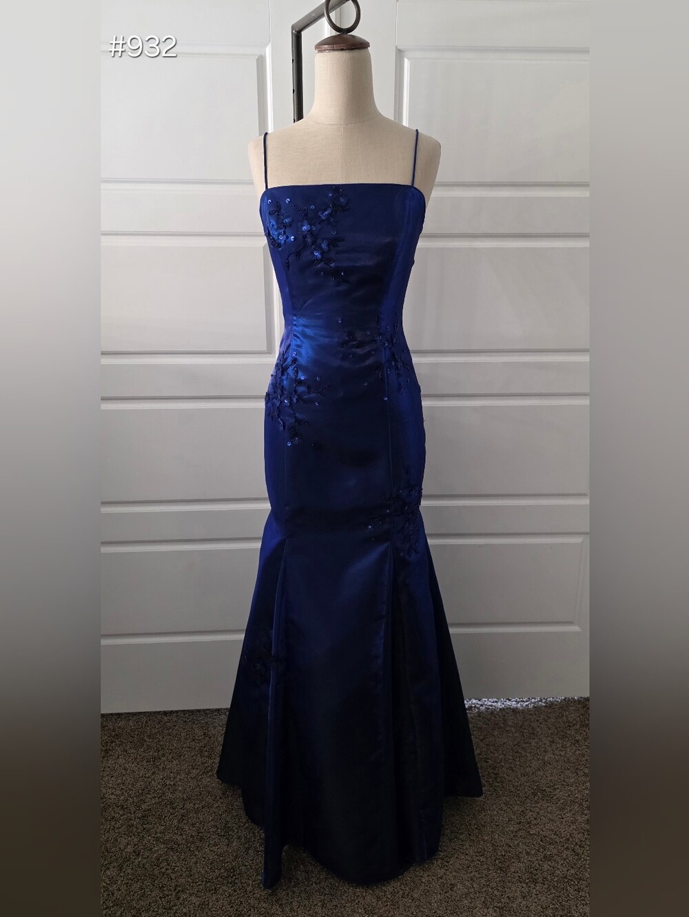 Midnight Blue Fit & Flare Evening Gown with Floral Sequin Detail